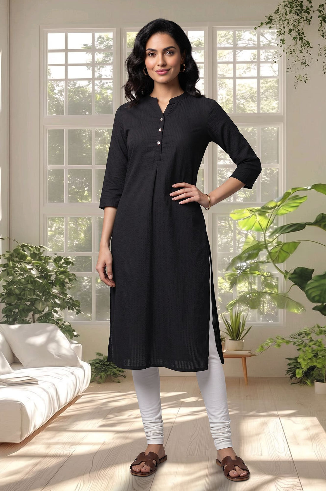 Black Textured Cotton Rayon Straight Kurta with Churidar Set