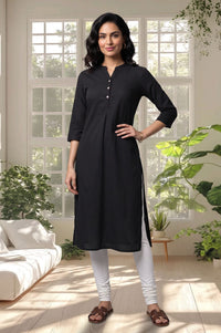 Black Textured Cotton Rayon Straight Kurta with Churidar Set