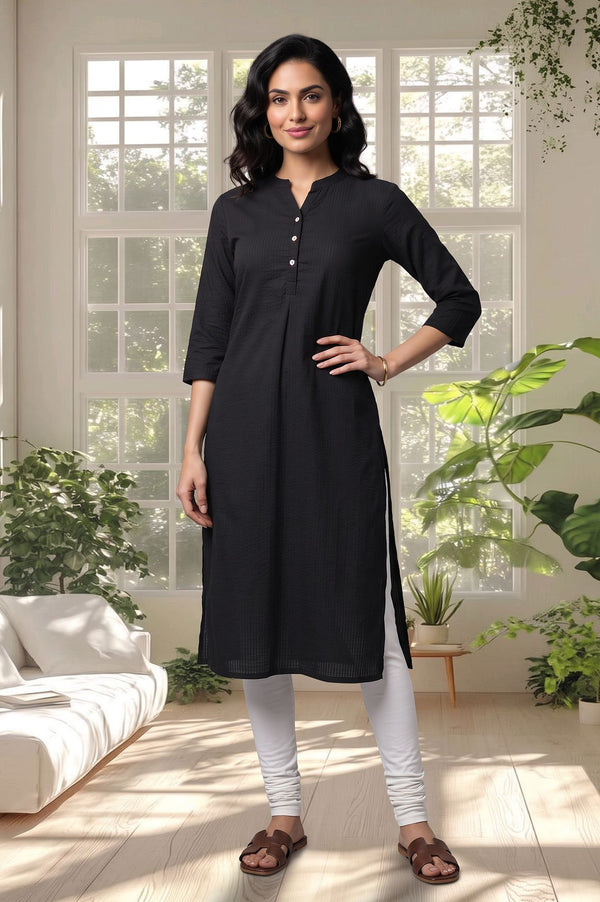 Black Textured Cotton Rayon Straight Kurta with Churidar Set