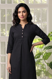 Black Textured Cotton Rayon Straight Kurta with Churidar Set