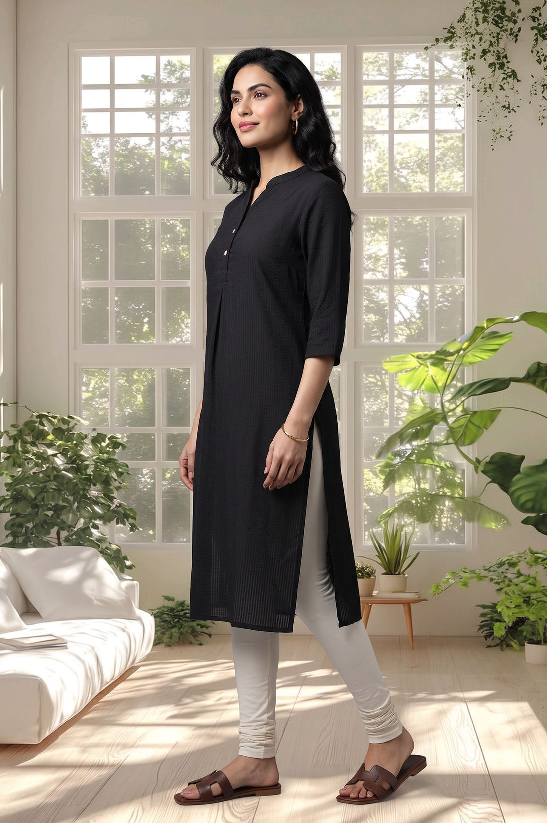 Black Textured Cotton Rayon Straight Kurta with Churidar Set
