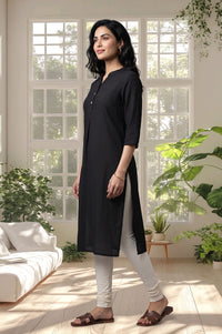 Black Textured Cotton Rayon Straight Kurta with Churidar Set