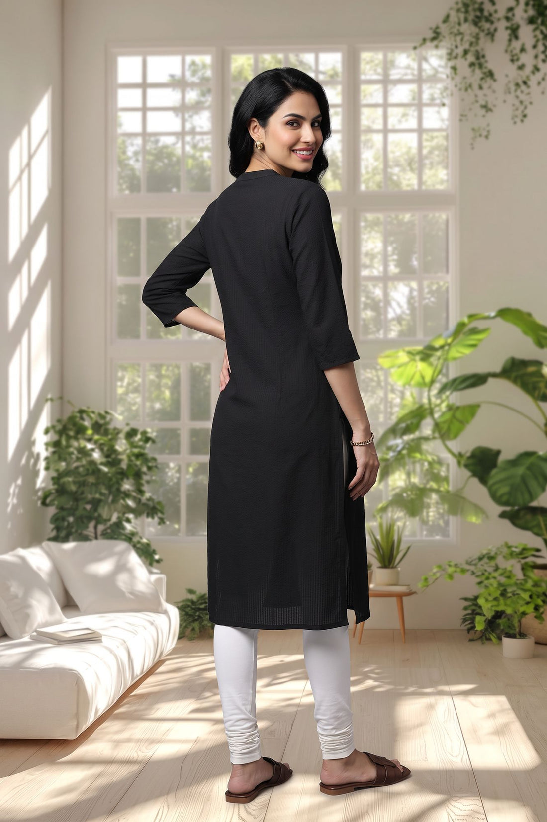 Black Textured Cotton Rayon Straight Kurta with Churidar Set