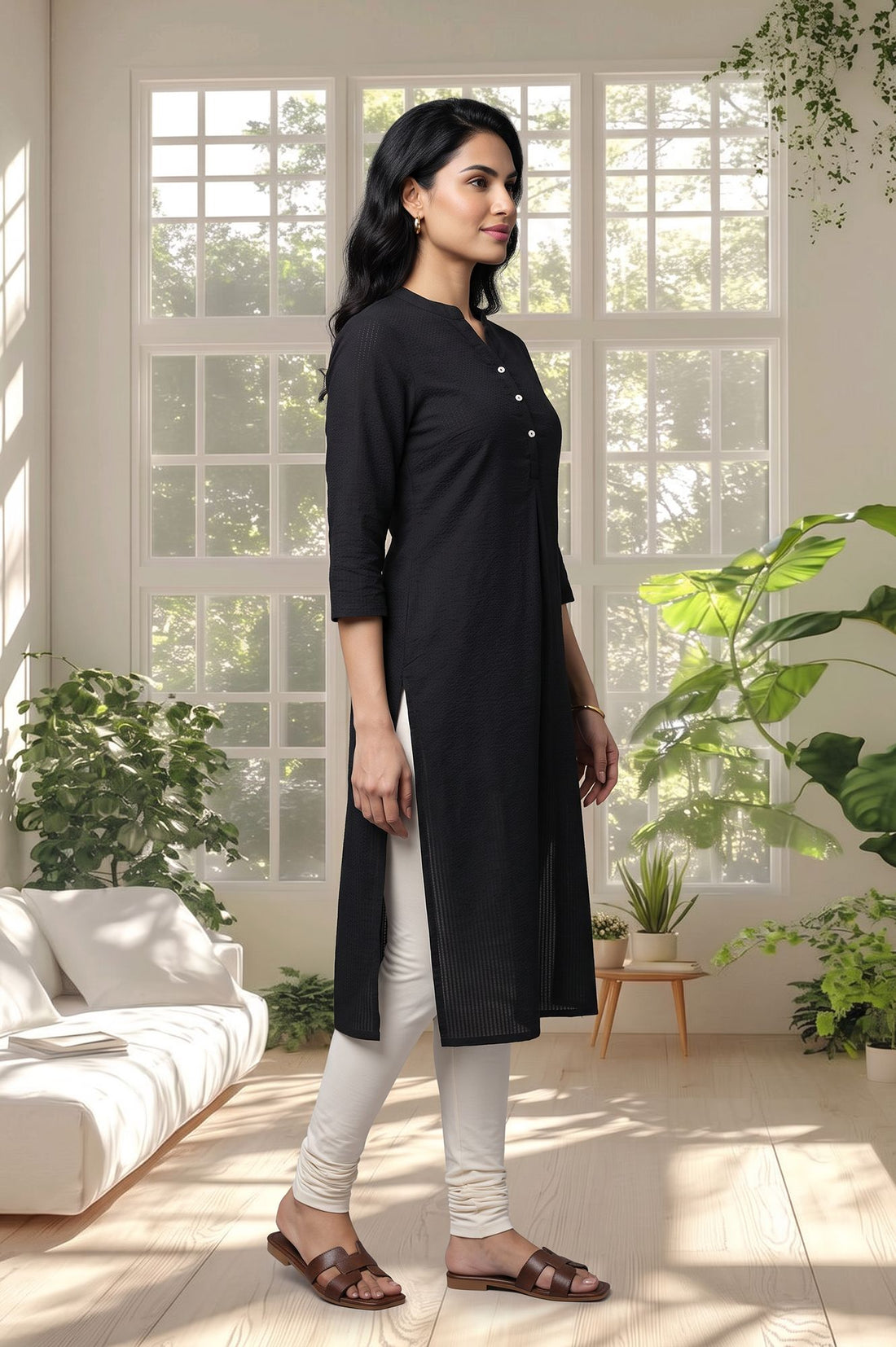 Black Textured Cotton Rayon Straight Kurta with Churidar Set