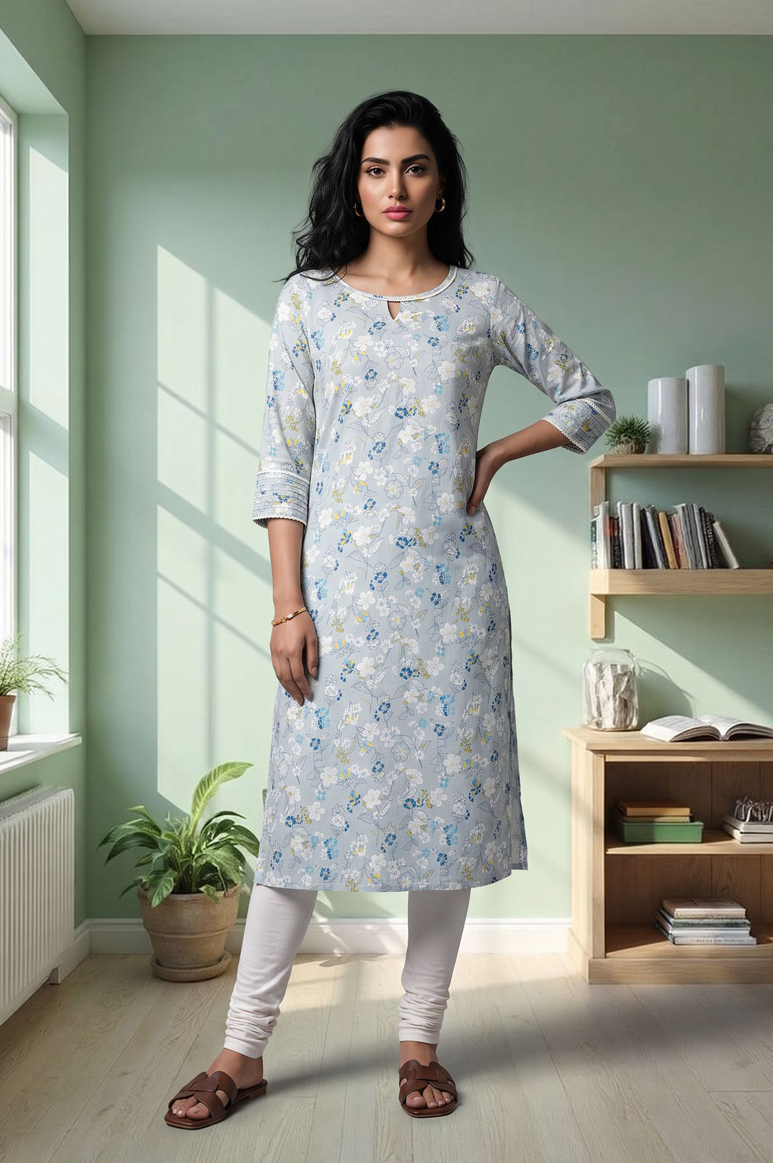 Grey Floral Printed Lace Rayon Slub Straight Kurta with Churidar