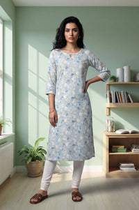 Grey Floral Printed Lace Rayon Slub Straight Kurta with Churidar