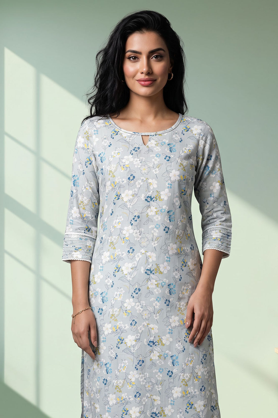 Grey Floral Printed Lace Rayon Slub Straight Kurta with Churidar