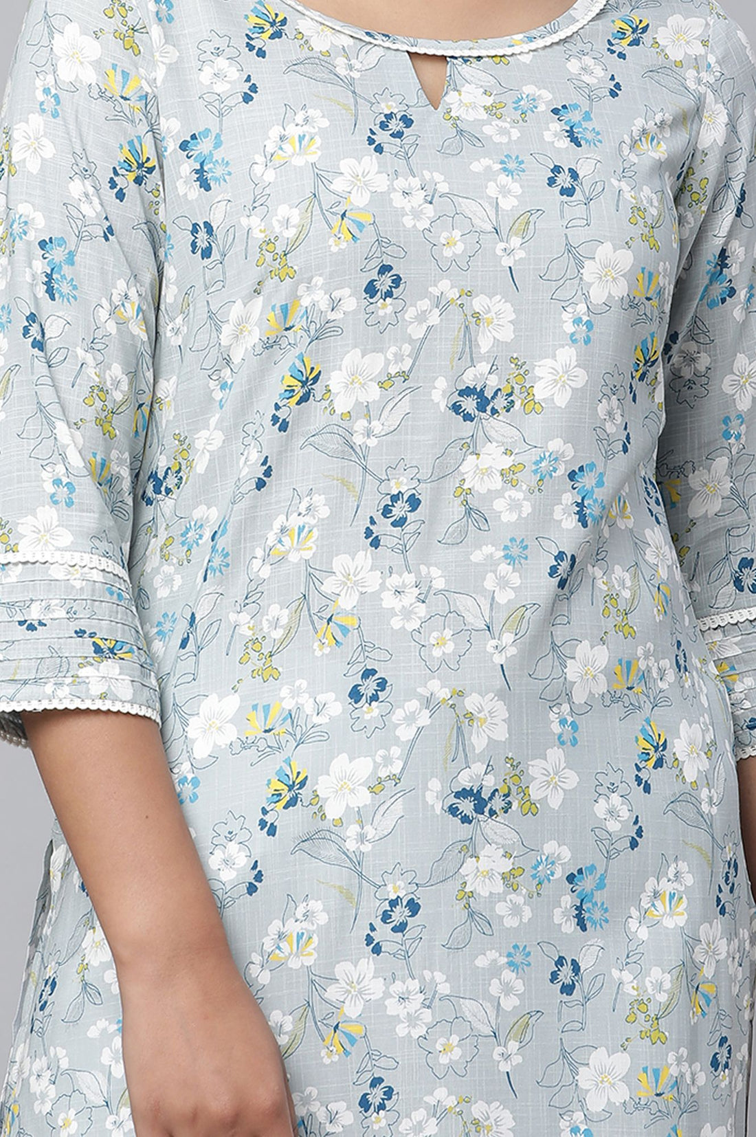 Grey Floral Printed Lace Rayon Slub Straight Kurta with Churidar