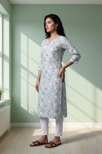 Grey Floral Printed Lace Rayon Slub Straight Kurta with Churidar