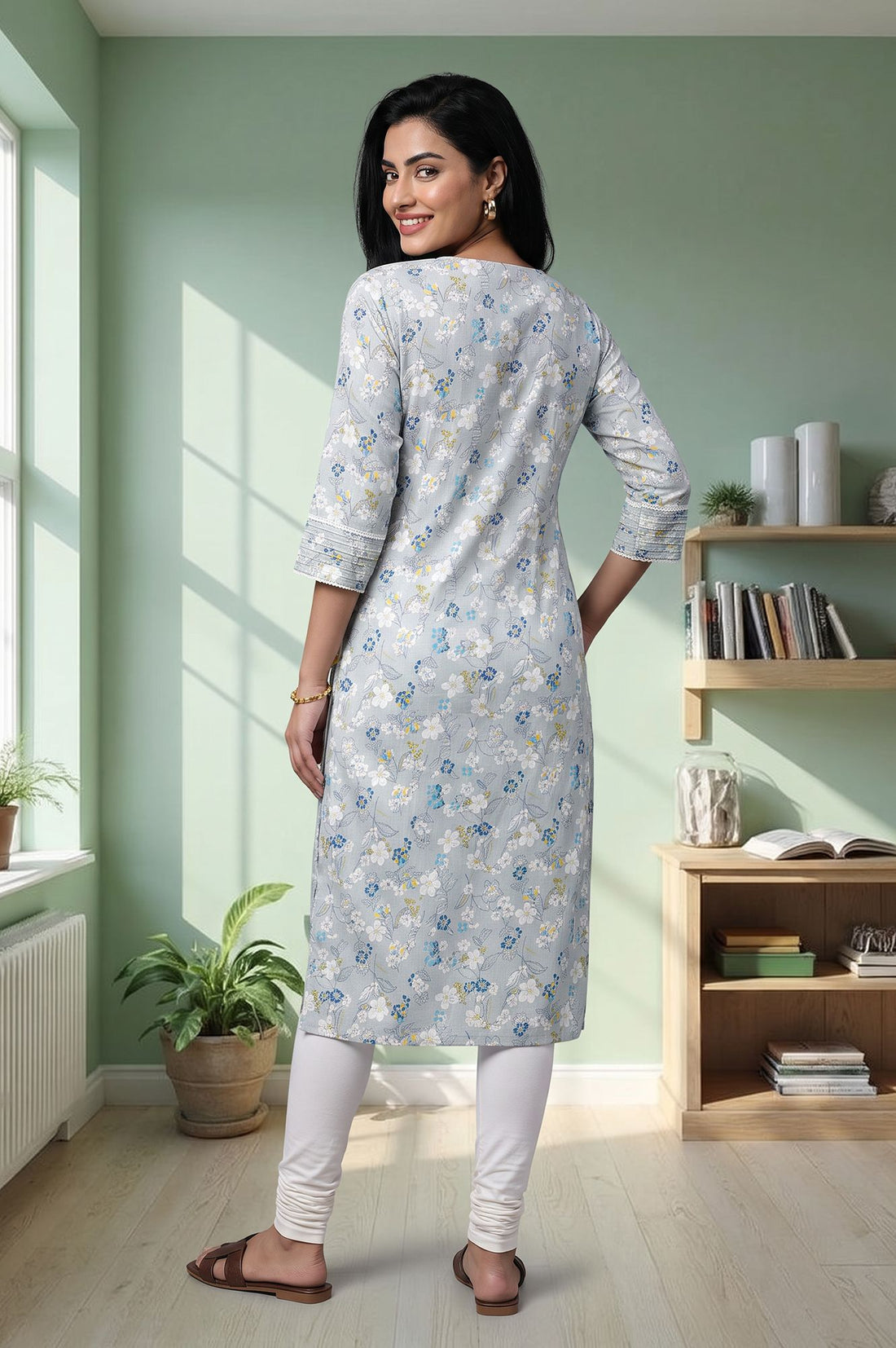 Grey Floral Printed Lace Rayon Slub Straight Kurta with Churidar
