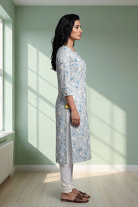 Grey Floral Printed Lace Rayon Slub Straight Kurta with Churidar