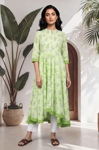 Lime Green Floral Printed Lace Pure Cotton Kurta with Trousers Set