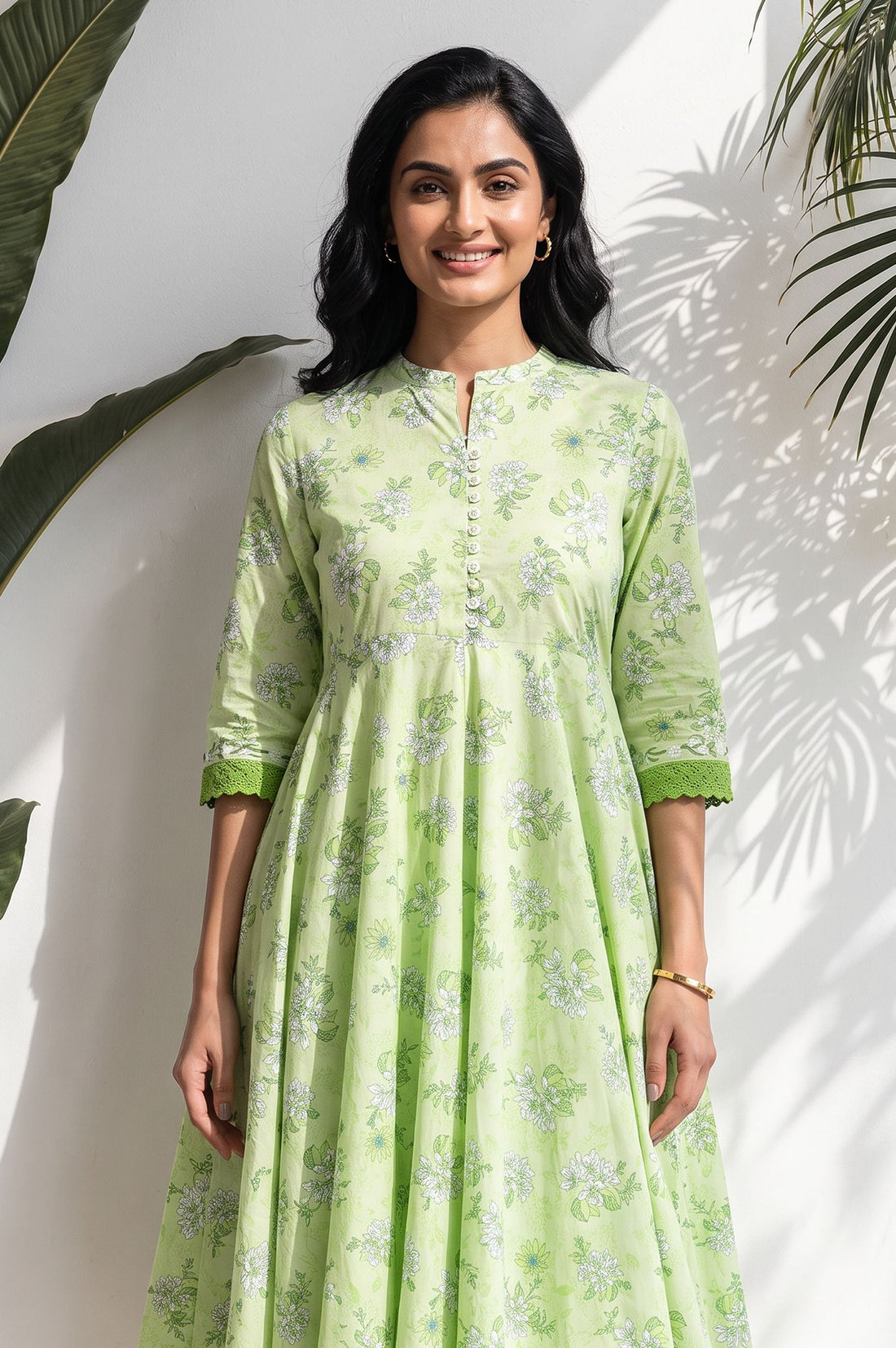 Lime Green Floral Printed Lace Pure Cotton Kurta with Trousers Set