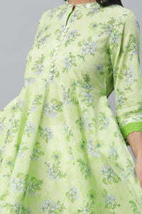 Lime Green Floral Printed Lace Pure Cotton Kurta with Trousers Set