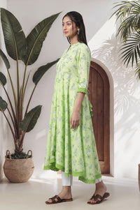 Lime Green Floral Printed Lace Pure Cotton Kurta with Trousers Set