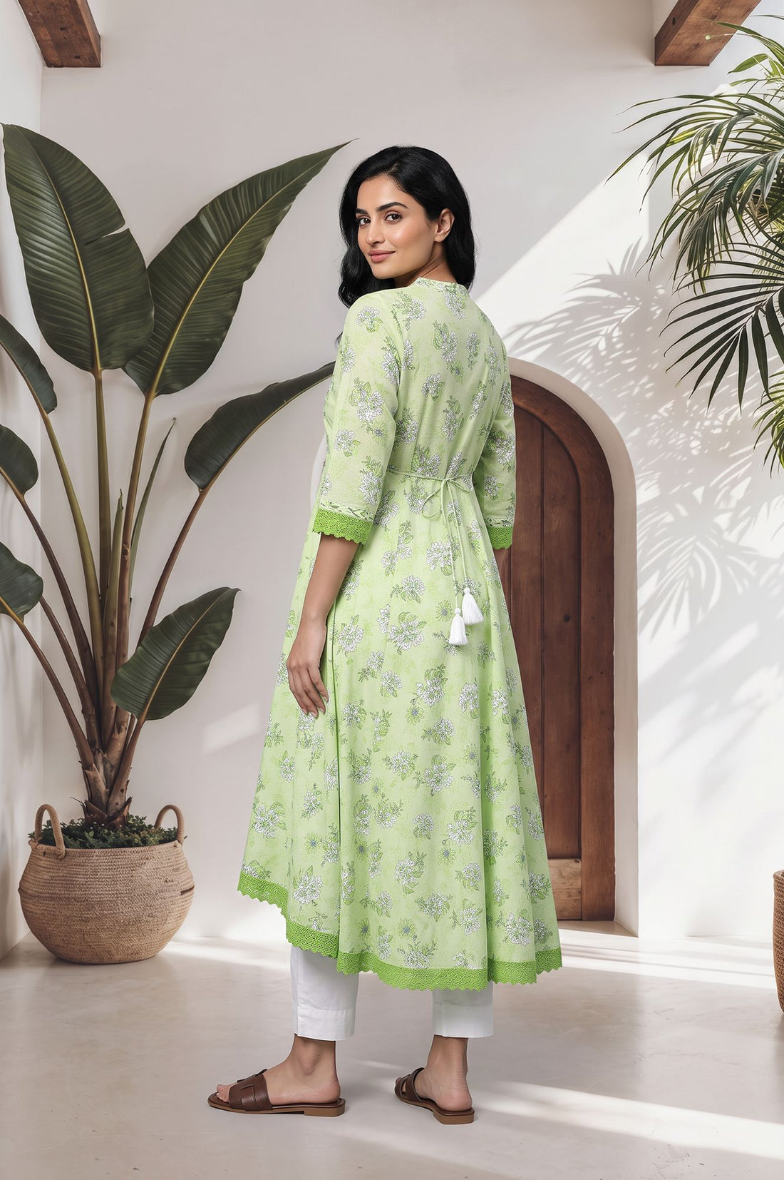 Lime Green Floral Printed Lace Pure Cotton Kurta with Trousers Set