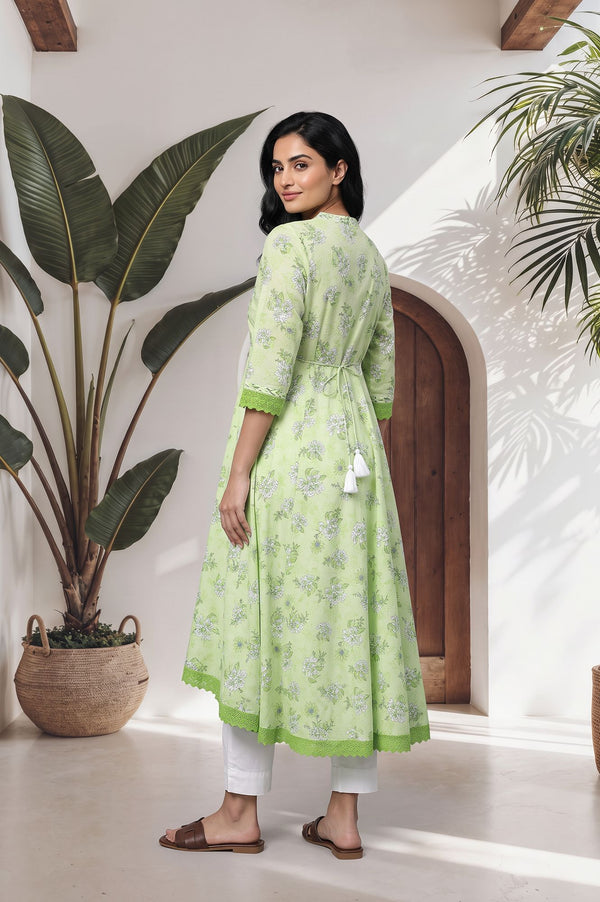 Lime Green Floral Printed Lace Pure Cotton Kurta with Trousers Set