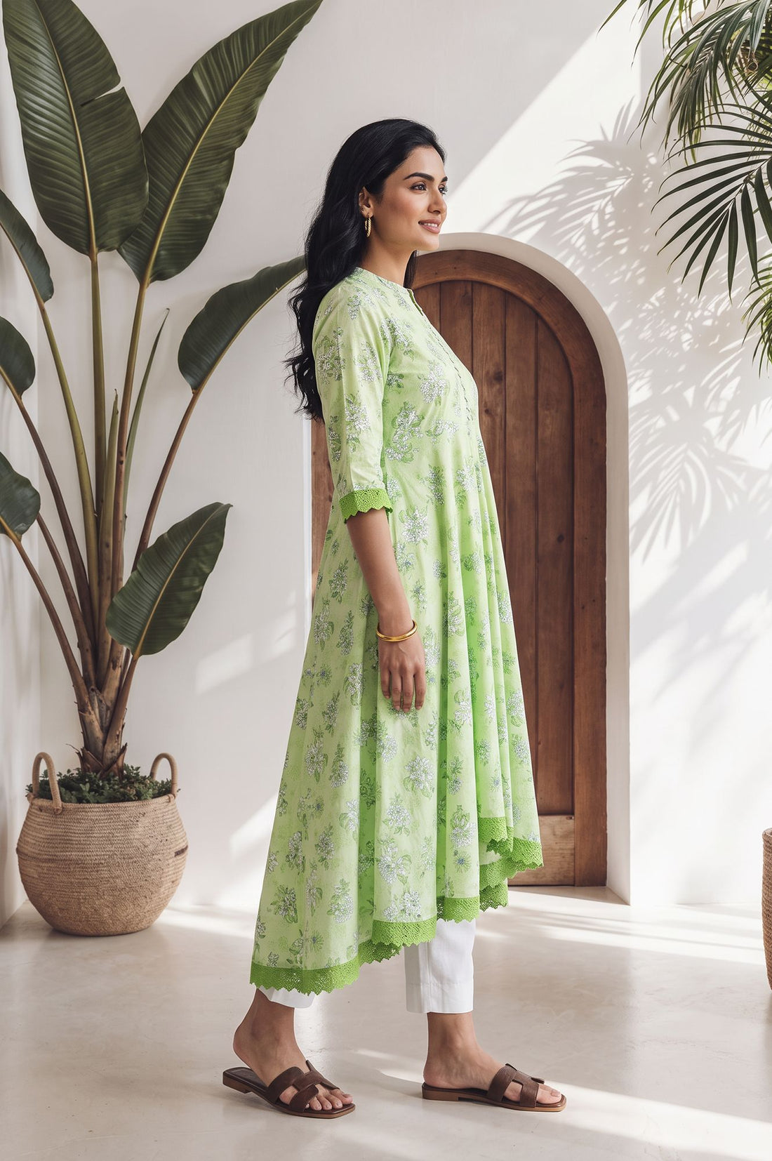 Lime Green Floral Printed Lace Pure Cotton Kurta with Trousers Set