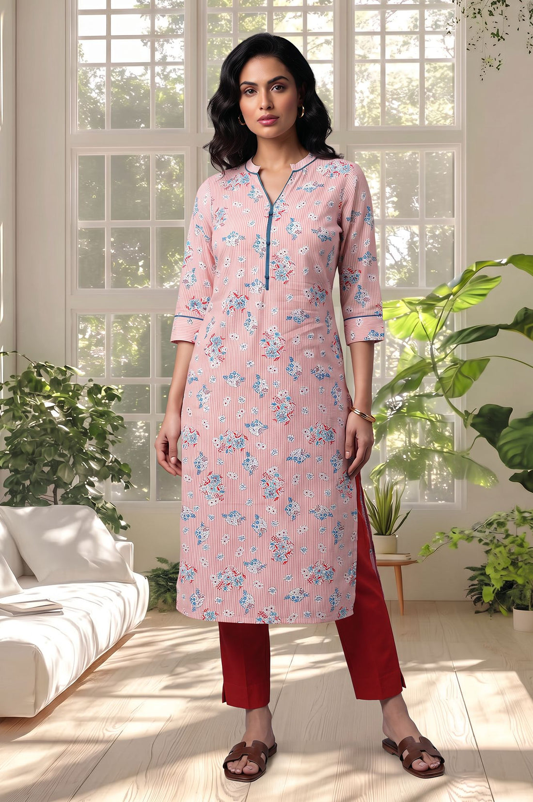 Pink Floral Printed Pure Cotton Straight Kurta with Trousers Set