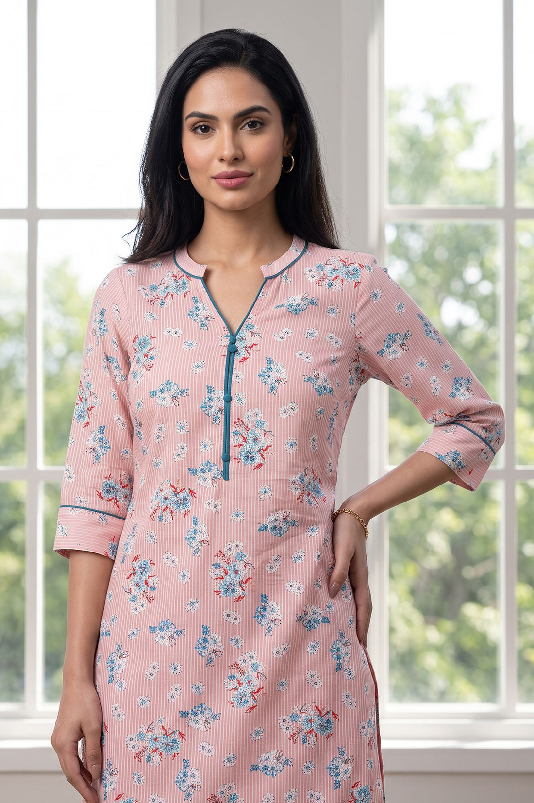 Pink Floral Printed Pure Cotton Straight Kurta with Trousers Set
