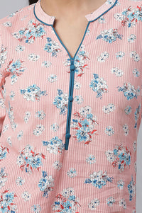 Pink Floral Printed Pure Cotton Straight Kurta with Trousers Set