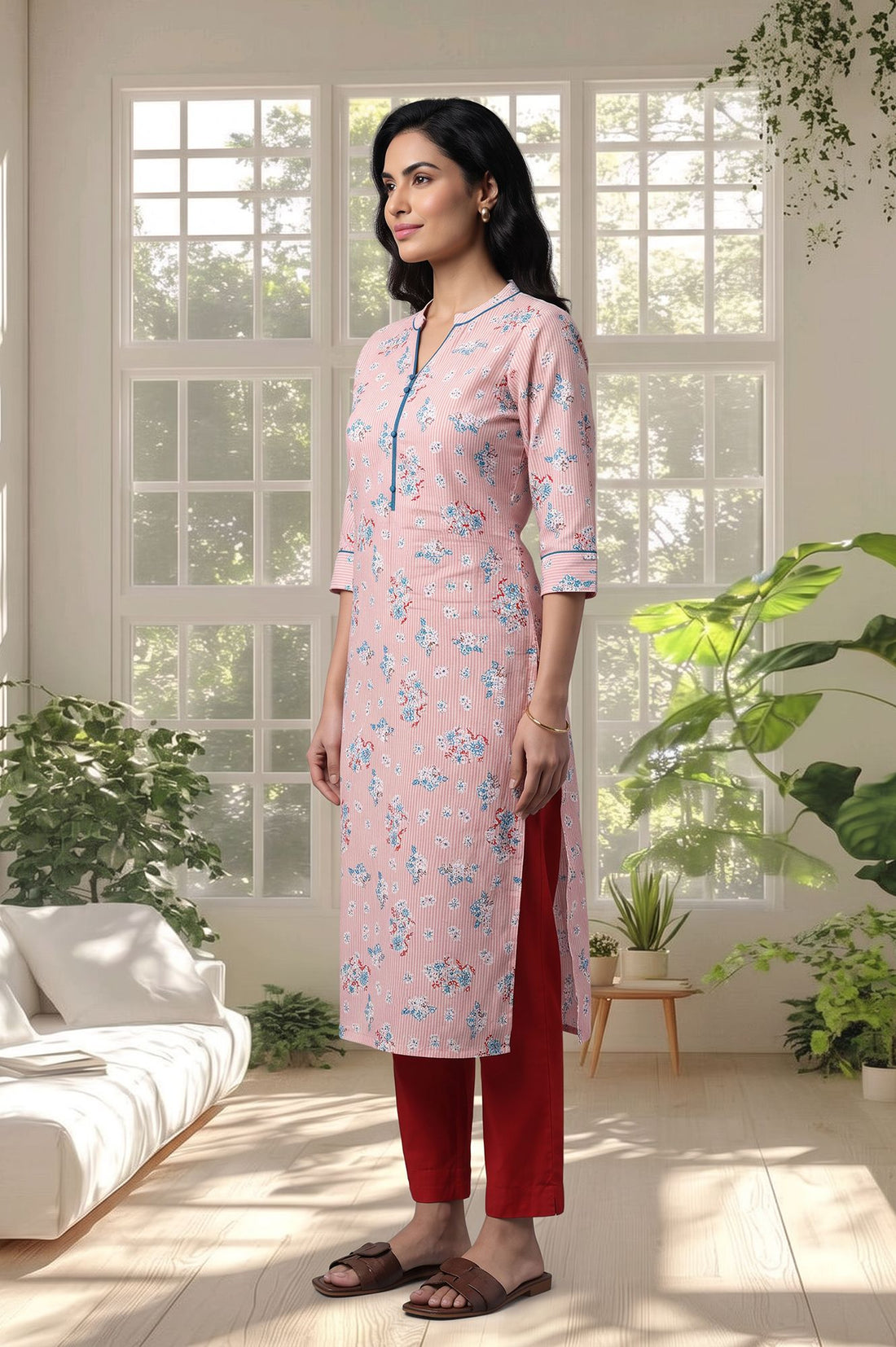 Pink Floral Printed Pure Cotton Straight Kurta with Trousers Set