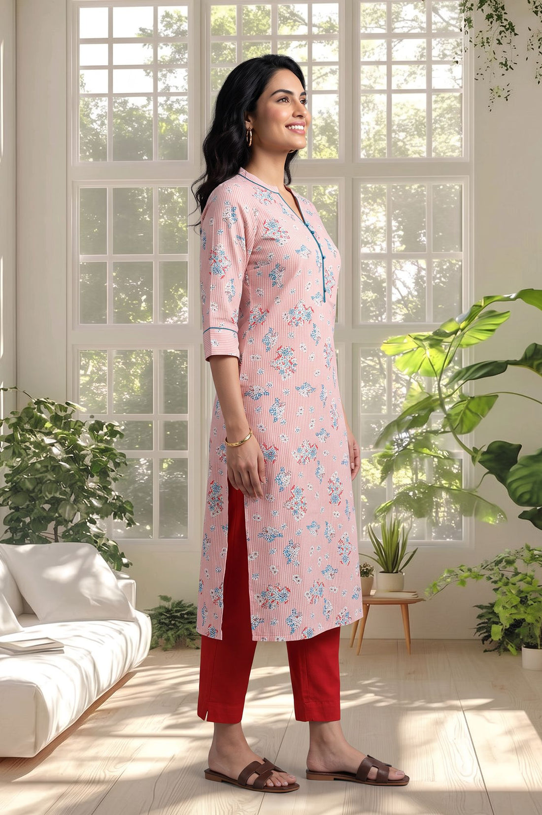 Pink Floral Printed Pure Cotton Straight Kurta with Trousers Set
