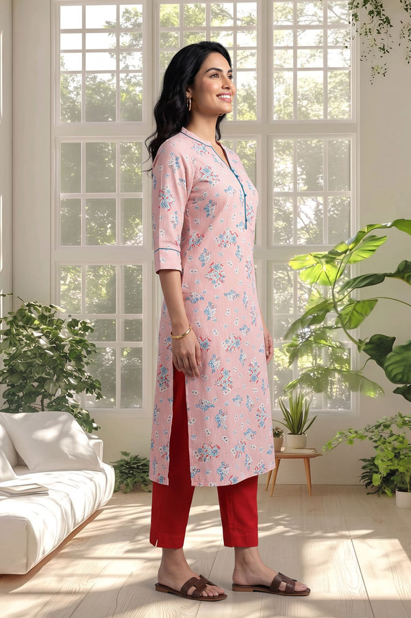 Pink Floral Printed Pure Cotton Straight Kurta with Trousers Set