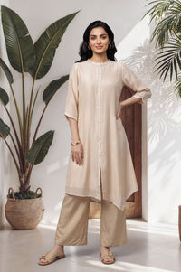Beige Thread Embroidered Yarn Dyed Kurta with Palazzo Set