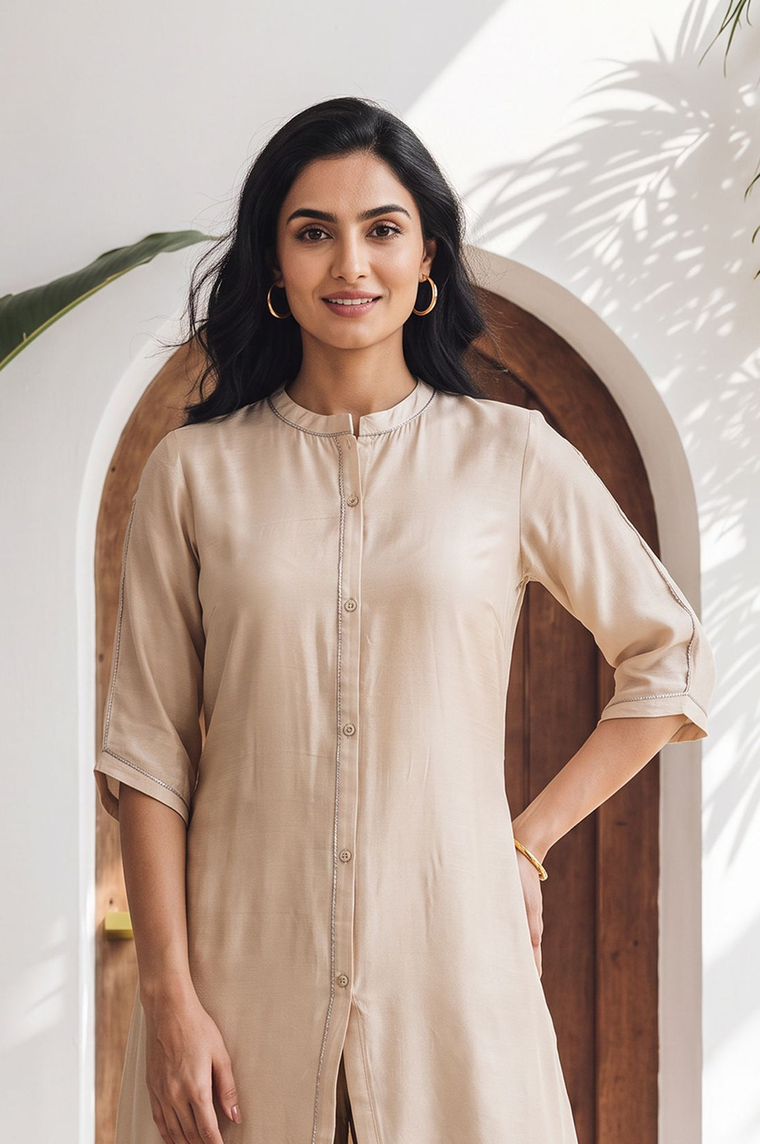 Beige Thread Embroidered Yarn Dyed Kurta with Palazzo Set
