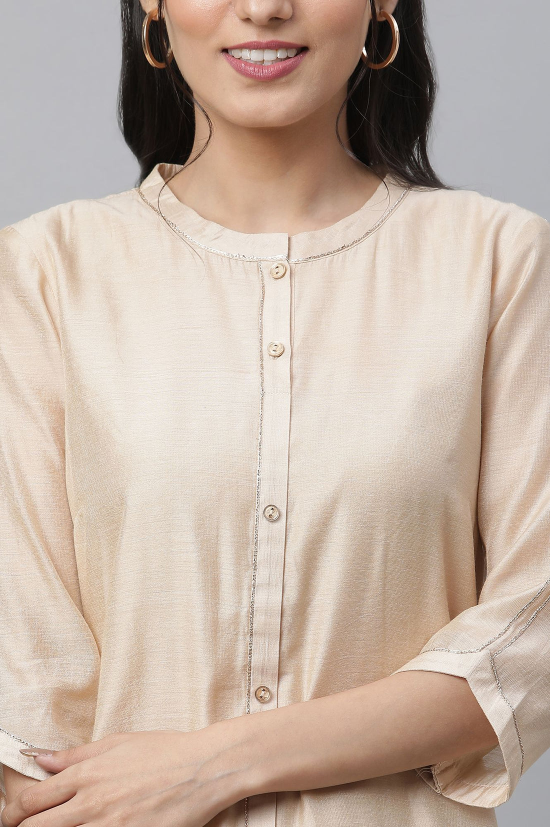 Beige Thread Embroidered Yarn Dyed Kurta with Palazzo Set