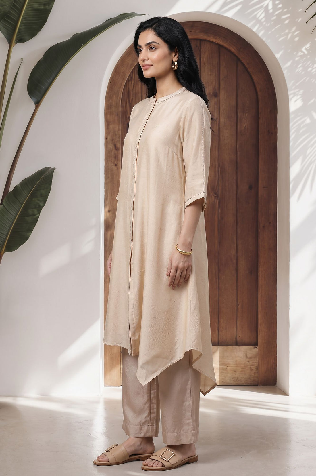 Beige Thread Embroidered Yarn Dyed Kurta with Palazzo Set