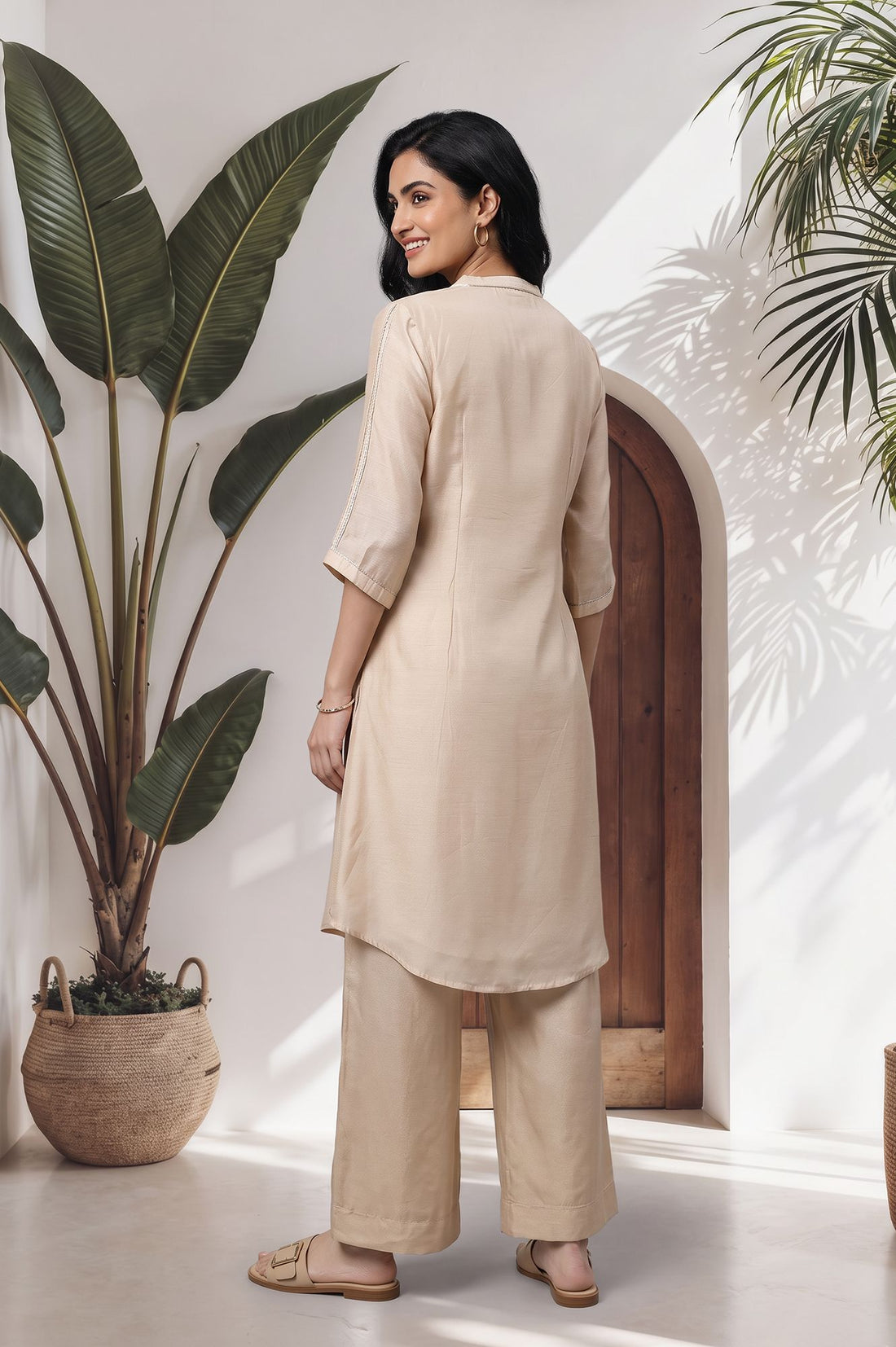 Beige Thread Embroidered Yarn Dyed Kurta with Palazzo Set
