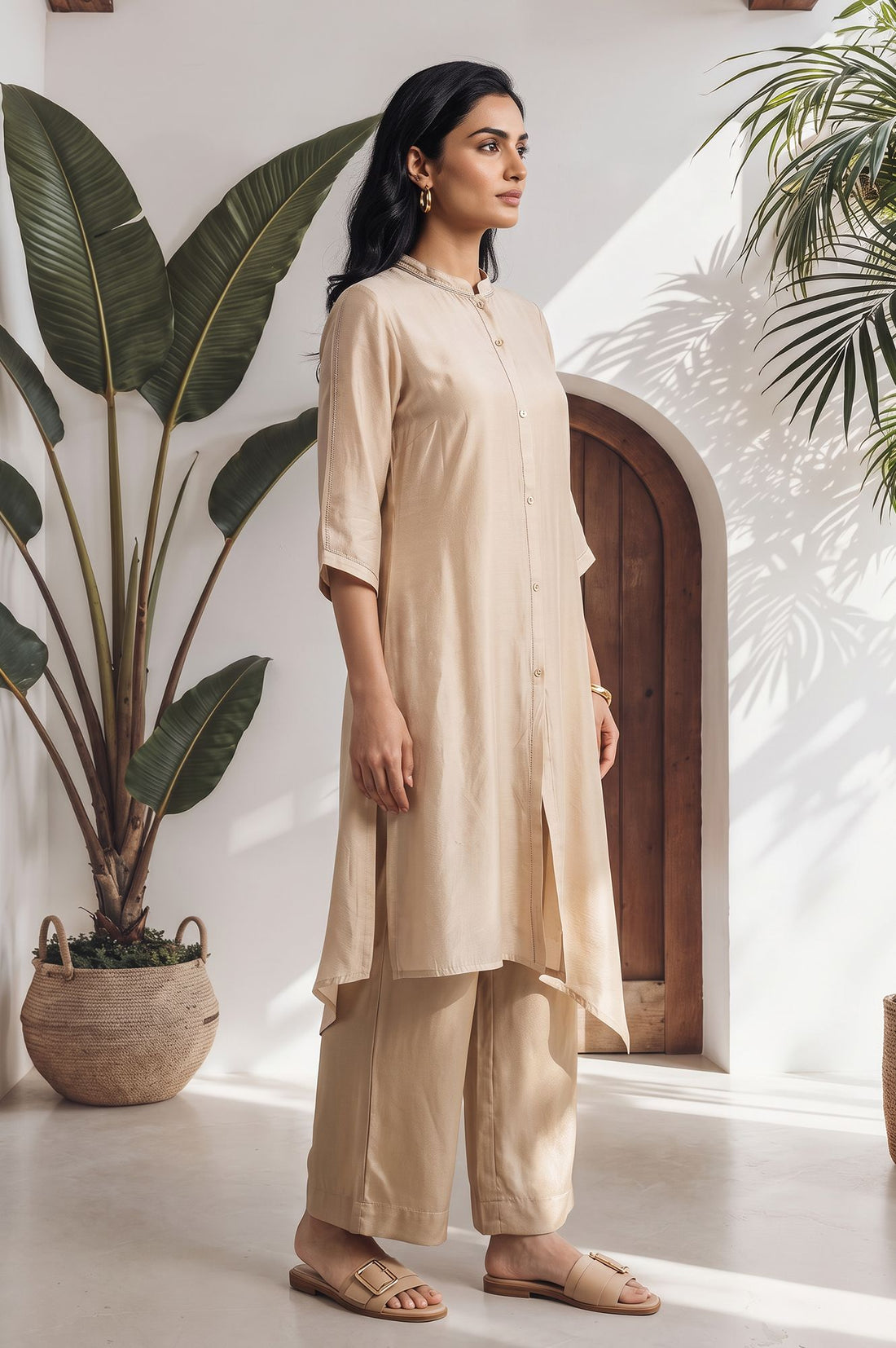 Beige Thread Embroidered Yarn Dyed Kurta with Palazzo Set