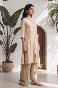 Beige Thread Embroidered Yarn Dyed Kurta with Palazzo Set