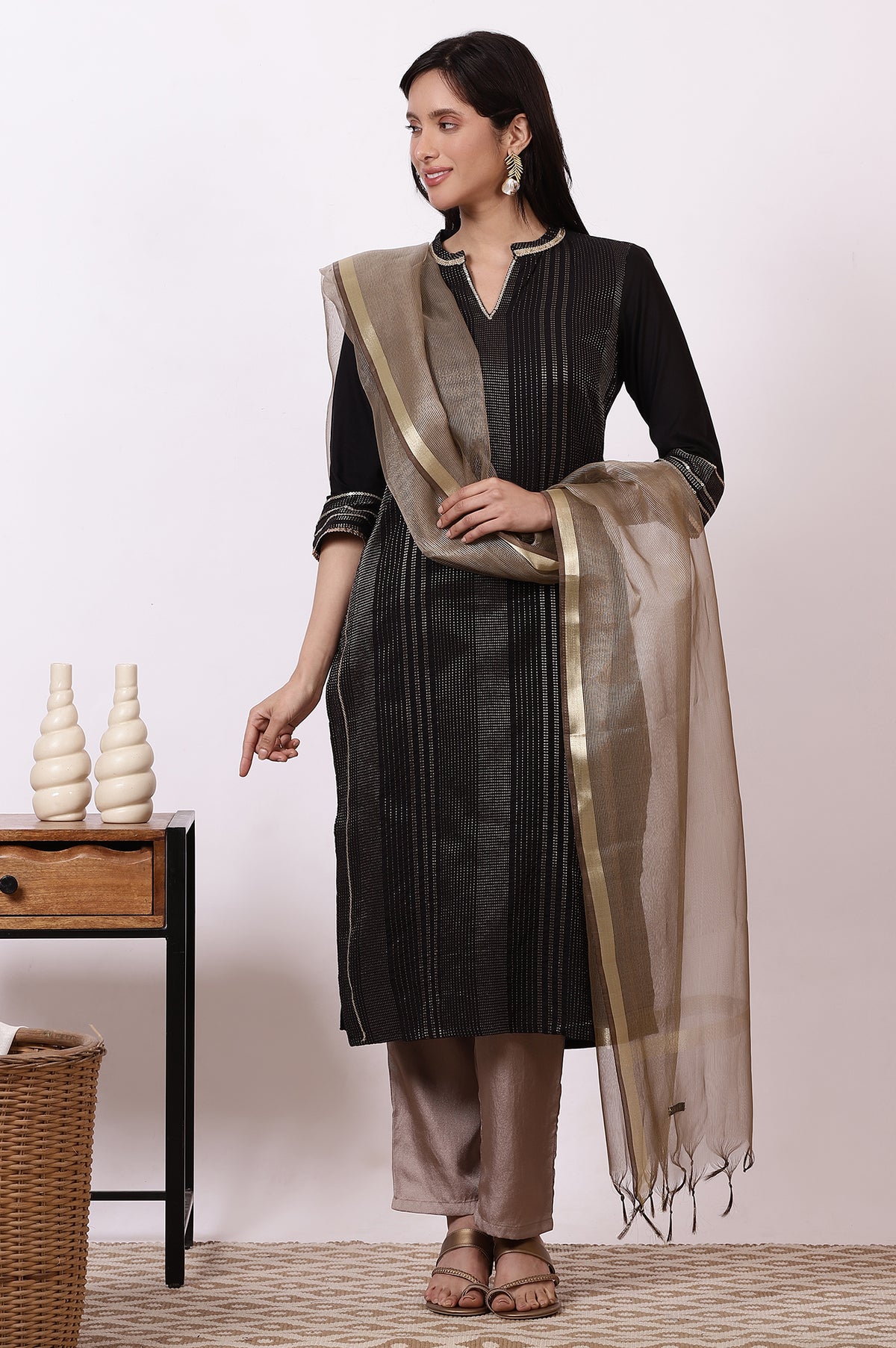 Black Zari Woven Cotton Blend Straight Kurta, Pants and Dupatta Set - XS
