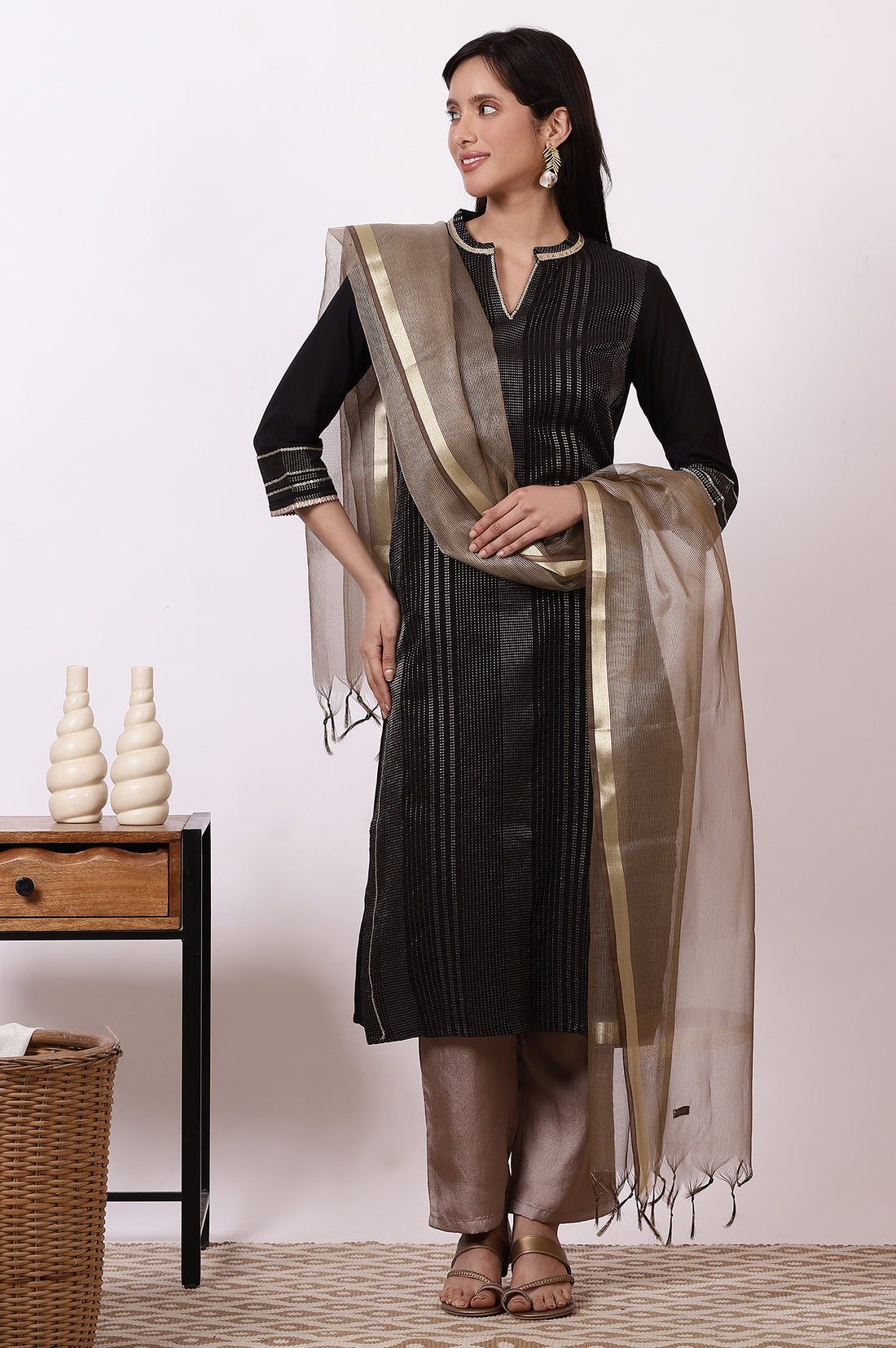 Black Zari Woven Cotton Blend Straight Kurta, Pants and Dupatta Set