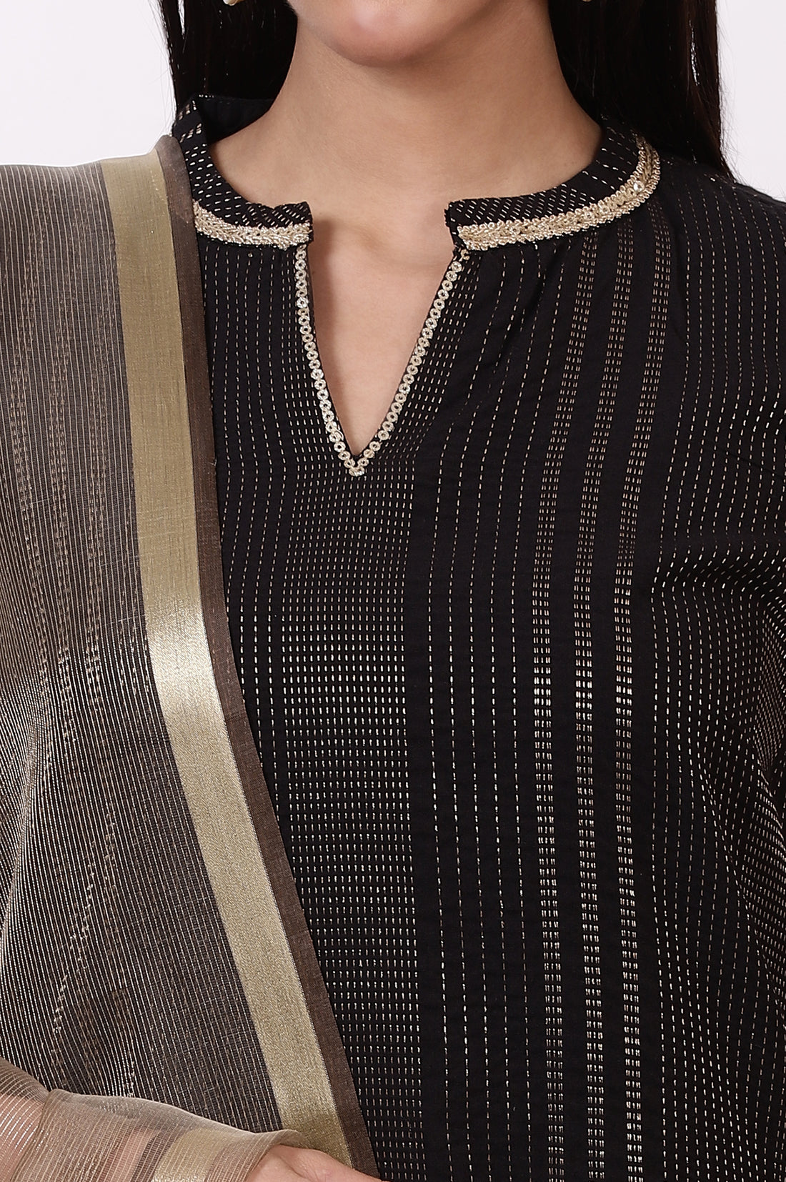 Black Zari Woven Cotton Blend Straight Kurta, Pants and Dupatta Set