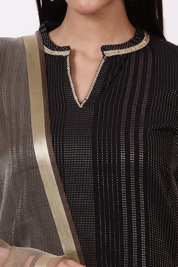 Black Zari Woven Cotton Blend Straight Kurta, Pants and Dupatta Set