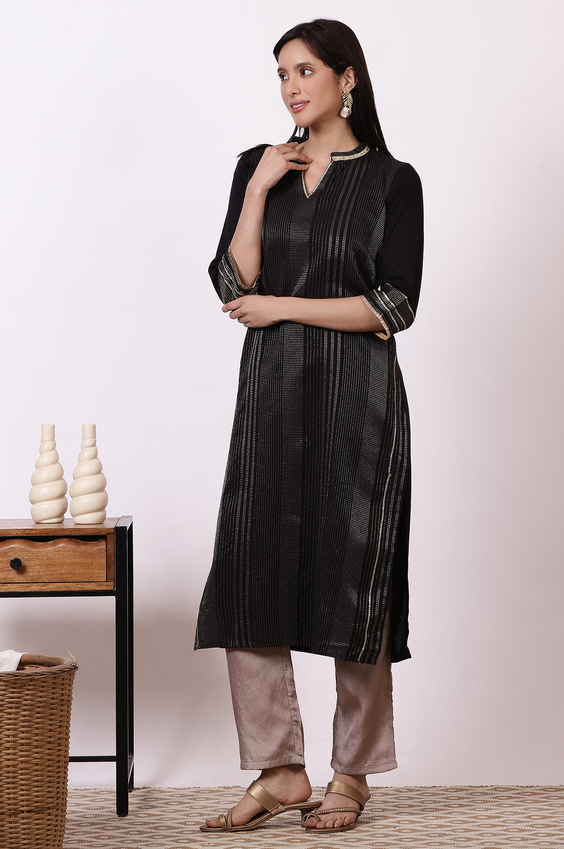Black Zari Woven Cotton Blend Straight Kurta, Pants and Dupatta Set