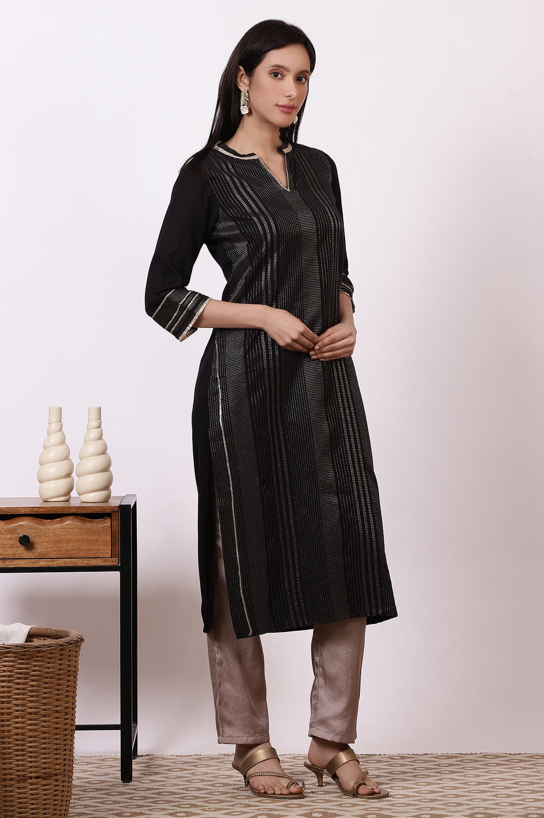 Black Zari Woven Cotton Blend Straight Kurta, Pants and Dupatta Set