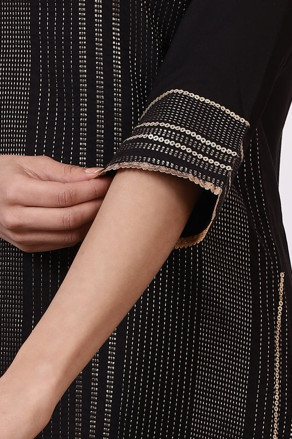 Black Zari Woven Cotton Blend Straight Kurta, Pants and Dupatta Set