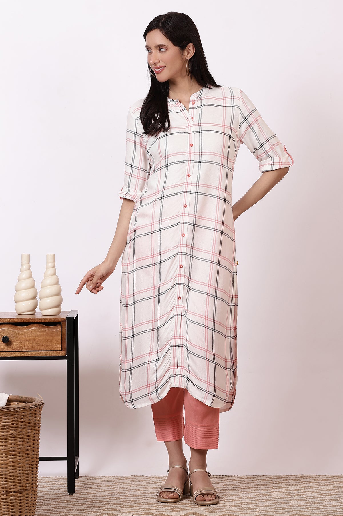 White Check Rayon Straight Kurta and Pants Set - S