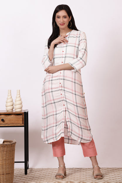 White Check Rayon Straight Kurta and Pants Set