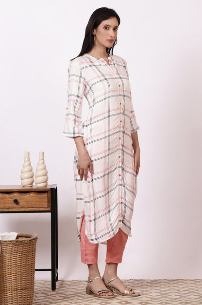 White Check Rayon Straight Kurta and Pants Set