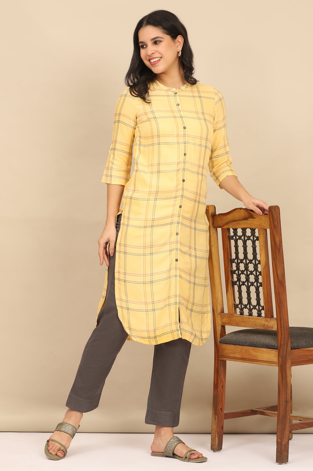 Yellow Checker Mandarin Collar Rayon Straight Kurta and Pants Set