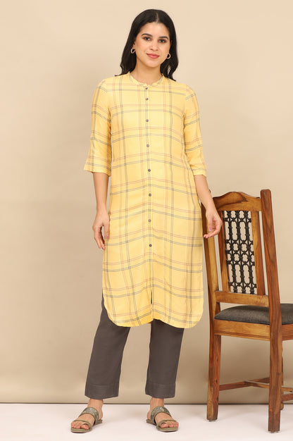 Yellow Checker Mandarin Collar Rayon Straight Kurta and Pants Set