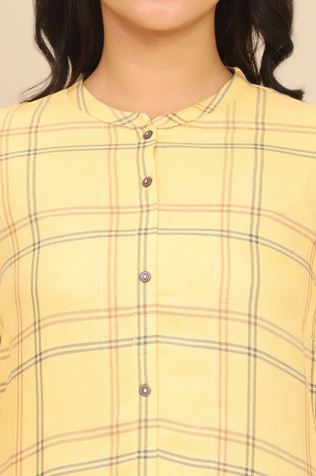 Yellow Checker Mandarin Collar Rayon Straight Kurta and Pants Set