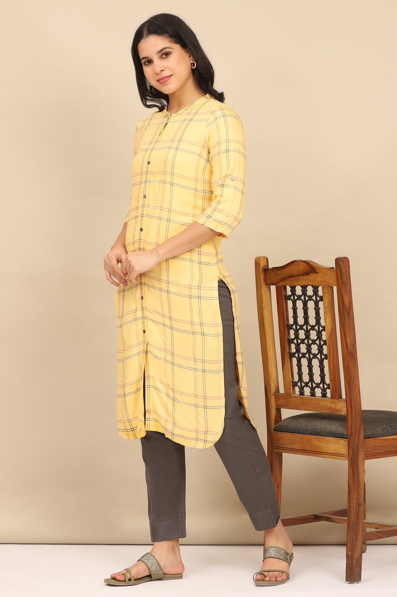 Yellow Checker Mandarin Collar Rayon Straight Kurta and Pants Set