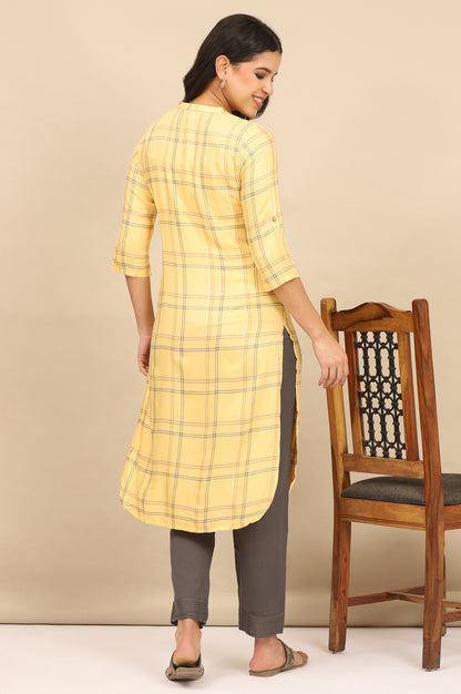 Yellow Checker Mandarin Collar Rayon Straight Kurta and Pants Set